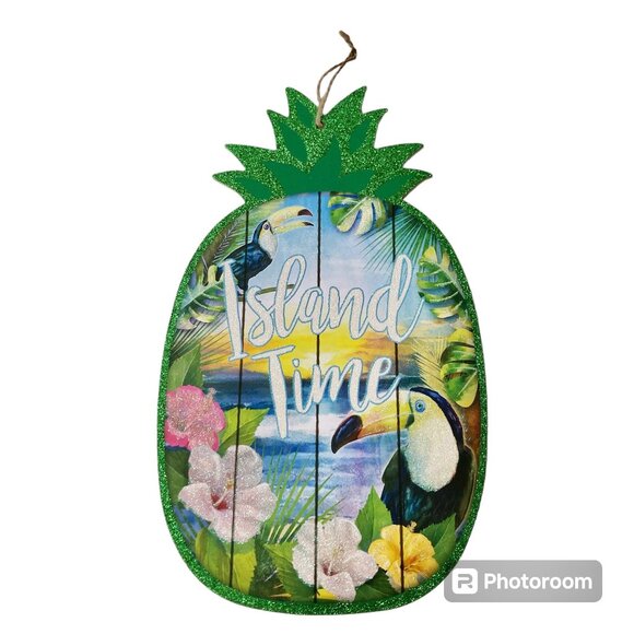 ISLAND TIME Pineapple Tiki Bar Beach Sign Luau Door Wall Decoration Parrots - Picture 1 of 9